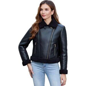 Women's Shearing Fur Winter Coat Warm Thick Fur Lined Faux Leather Jacket